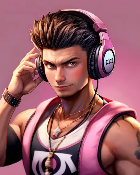 a close up of a person wearing headphones and a pink vest