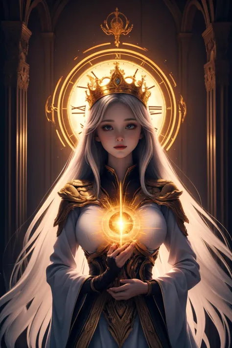 a woman with a crown holding a glowing heart in her hands