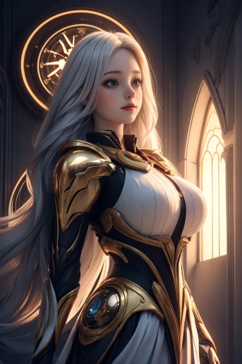 close up, 1girl, white hair, very long hair, big breasts, (<lora:Unholy:0.5>, Sc3pt4, scifi theme:1.1), divine angel of time, (style-swirlmagic:0.9), limitless time, time travel, swirling clock in background, symmetrical composition, majestic divine atmosphere, bright light, holy aura, bloom, halo above head, divine light, white clothes, golden embroidery,filigree, blessing, relaxed composure, ray of light, <lora:add_detail:0.4>, <lora:Cute01:0.5>,, masterpiece,ultra realistic,32k,extremely detailed CG unity 8k wallpaper, best quality