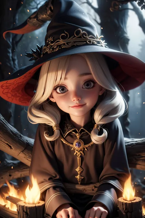 best quality, dark,(dark lighting:1.3),adult female witch,slight smile, tilting head, detailed eyes, detailed face, detailed hair, blue detailed iris, intricate witch clothing, sitting on log, bonfire, night, dark forest,