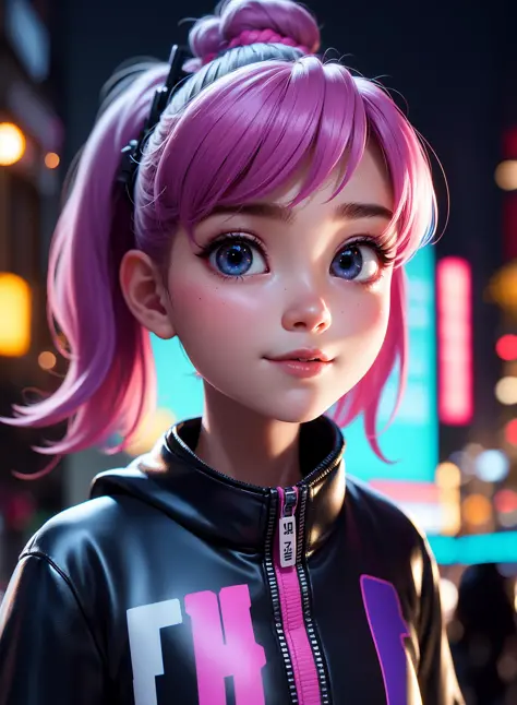 masterpiece, best quality, half body, portrait, night city, 1girl, anime, 3D, Japan, pixar, realistic, teen girl, smiling, cute ...