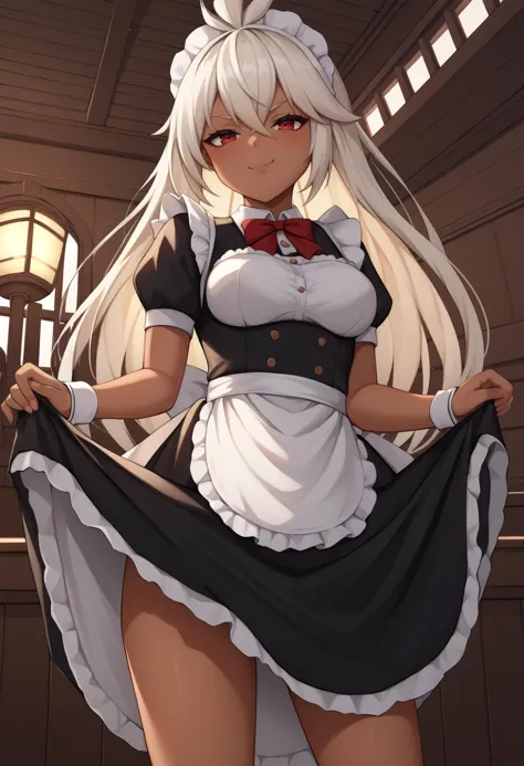 a close up of a woman in a maid outfit holding a knife