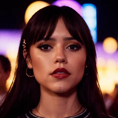 a close up of a woman with a red lipstick and a necklace