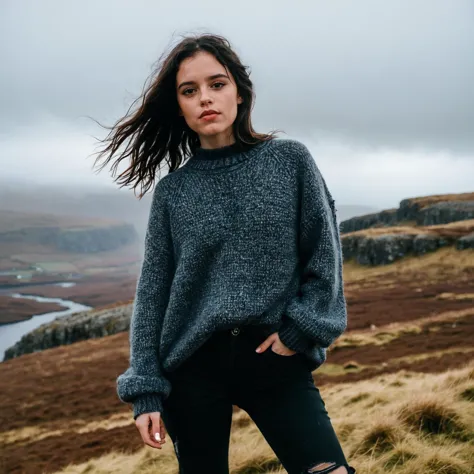 a woman standing on a hill with a cloudy sky in the background