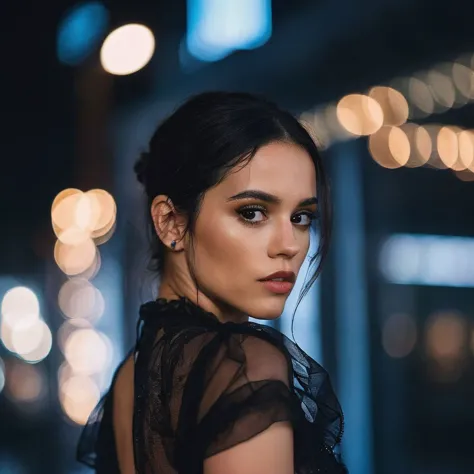 a woman in a black dress standing in front of a building