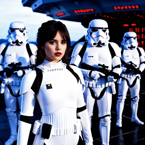 cinematic photo professionnel fashion close up photography of a beautiful ((((ohwx femme)))) vêtu d'un cosplay de Stormtrooper,(cheveux bruns),  Nikon Z9, photographie bokeh 35 mm, film, bokeh, professionnel, 4k, très détaillé, sur un destroyer stellaire entouré de stormtroopers