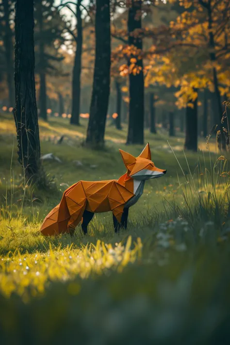 master piece,high quality,an red fox,on the grass land,J_origami,<lora:J_origami:0.8>,
