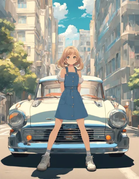 1girl, retro style, standing next classic car, city, masterpiece, ultimate details, (aesthetic:1.5), (2d, anime, waifu:1.5)