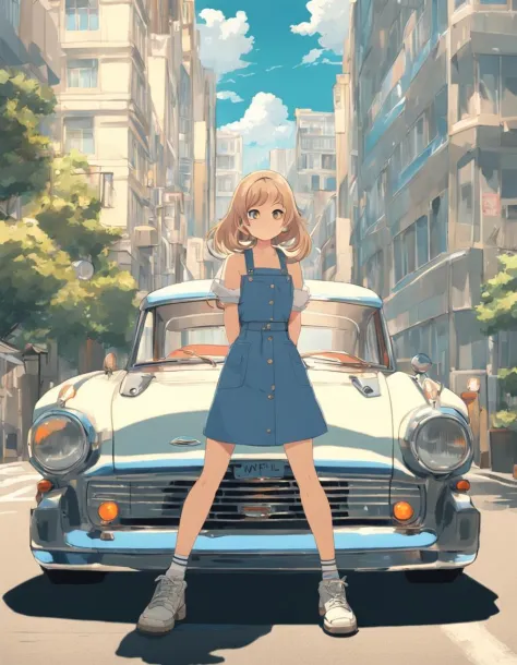 1 chica, Estilo retro, de pie junto a un coche clásico, ciudad, obra maestra, últimos detalles, (Estético:1.5), (2D, animado, waifu:1.5)