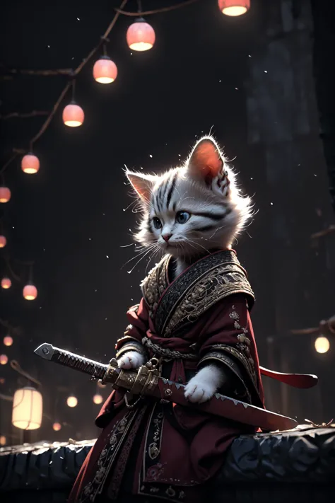 Best quality, masterpiece, ultra high res, raw photo, beautiful and aesthetic,deep shadow, dark theme,(photorealistic:1.4), ((soft lighting, dim light, dark scene, night):1.4)
White kitten, Hanfu, holding sword, cyberpunk city, neon lights, 
Graceful poise, evocative atmosphere, magnetic presence, refined seduction, captivating mystique,
Intricate zentangle patterns, a single female figure, astonishing level of detail, generously endowed, striking perspective, a chaotic masterpiece, gracefully poised, vibrant color palette, ((outdoors)), inspired by futurist architecture