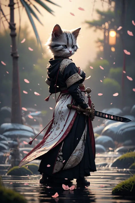 Best quality, masterpiece, ultra high res, raw photo, beautiful and aesthetic,deep shadow, dark theme,(photorealistic:1.4), 
White kitten, Hanfu, holding sword, ((chiaroscuro, backlight, sunset, petals floating)), 
Graceful poise, evocative atmosphere, magnetic presence, refined seduction, captivating mystique,
Intricate zentangle patterns, a single female figure, astonishing level of detail, generously endowed, striking perspective, a chaotic masterpiece, gracefully poised, vibrant color palette, ((outdoors)), inspired by futurist architecture