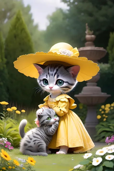 <lora:~Q?-\Yvs+ kitten:0.6>,kitten,gray kitten wearing rococo style clothes,yellow dress,large_hat,in the garden,look at flower...