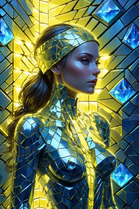 mural made of glowing crystal tiles, woman made completely of tiles, scifi, masterpiece, by ivan marchuk, 3d tiles, 3d shadows, ...