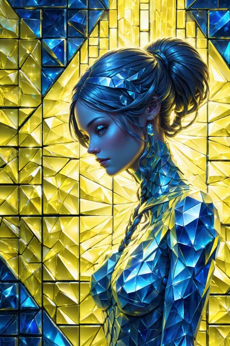 mural made of glowing crystal tiles, woman made completely of tiles, scifi, masterpiece, by ivan marchuk, 3d tiles, 3d shadows, ...