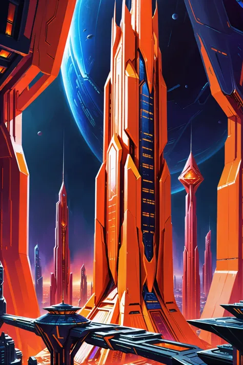 ultra  crimson and vivid orange, buildings, scifi, skyscraper rooftop in a mysterious scifi arcology beyond the end of the universe, masterpiece