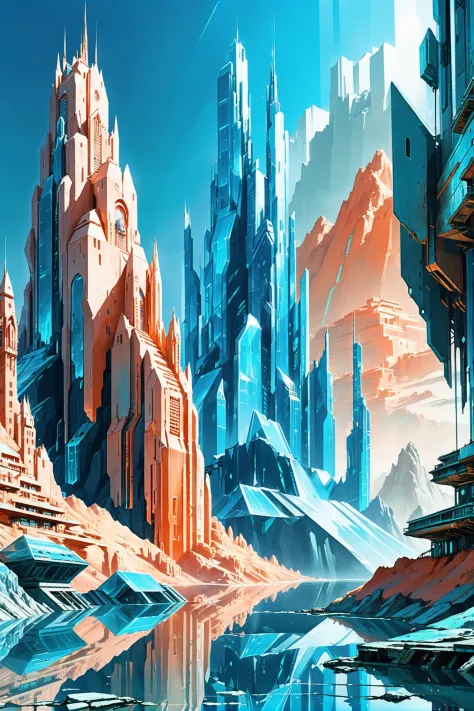 reflective light azure and shiny peach, buildings, scifi, Decaying film studio in a gargantuan,dingy fantasy mountainside megacity at the end of time, masterpiece<lora:EnvyBetterHiresFixXL01:0:hr=1><lora:EnvyCrystalXL01:3>