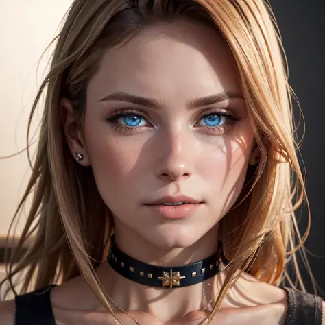 a portrait of [Erin Moriarty|Mischa Barton] as 18yo girl, looking at viewer, blond long hair, blue eyes, front layers hairstyle, (leater choker red:1.1), face focus,, perfect composition, hyperrealistic, super detailed, 8k, high quality, trending art, trending on artstation, sharp focus, studio photo, intricate details, highly detailed, by greg rutkowski