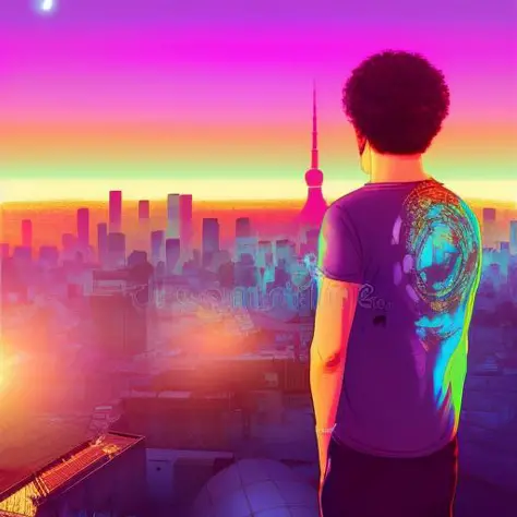 femboy in a long tshirt,  punk makeup, digital illustration, 90s,  tokyo sunset,rending on arstation, synthwave, city punk, vivi...