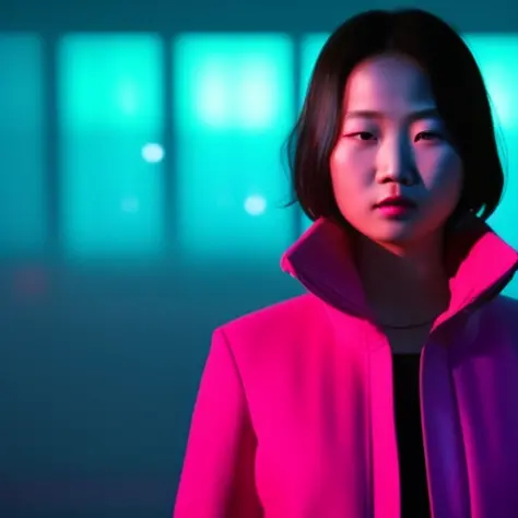 1girl, solo, asian, foggy neon futuristic,  portrait style, looking_at_viewer, cinematic lighting, emotional,  highly detailed, ...