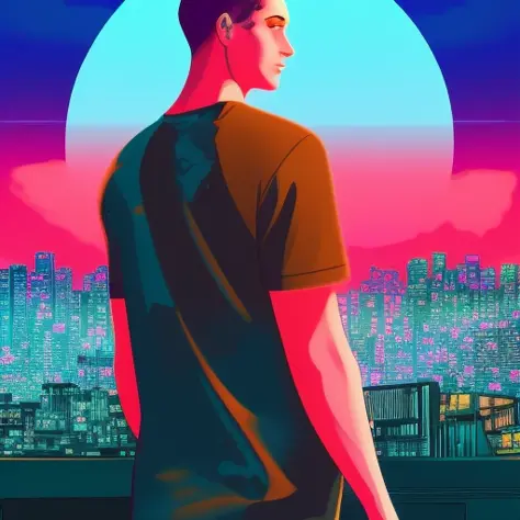 femboy in a long tshirt,  punk makeup, digital illustration, 90s,  tokyo sunset,rending on arstation, synthwave, city punk,  rim...