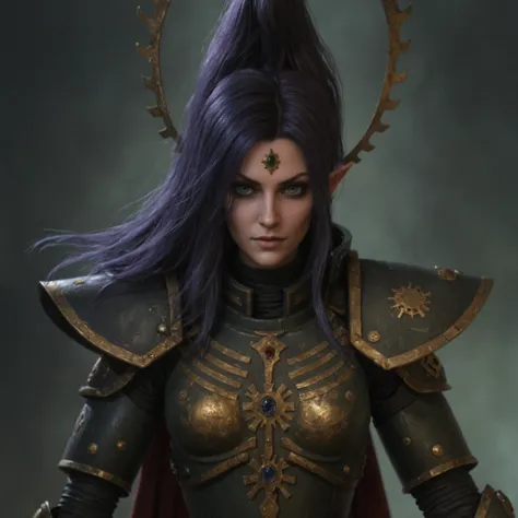 a woman with purple hair and a black outfit holding a sword