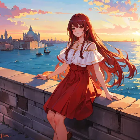 anime girl standing on a wall overlooking a body of water