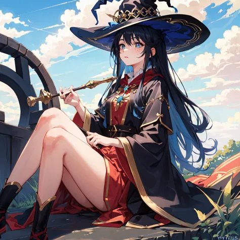 anime girl in a witch hat sitting on a bridge with a sword