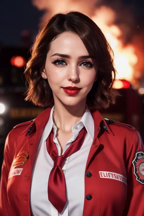 stefjo,  ((detailed skin, detailed face):1.2), ((detailed eyes, beautiful eyes):1.2), ((red lipstick, eyeliner, eye shadow, blush)),  photo of a woman, ((firefighter coat, short hair, shirt, necktie, explosions, at night, fire)), (smile)