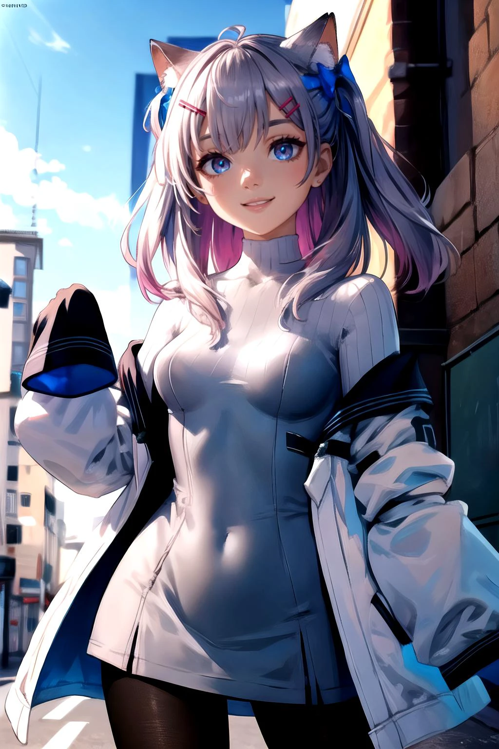 masterpiece, best quality, highres, 1girl, solo, long hair, grey hair, two side up, animal ears, hair bow, blue bow, hairclip, red eyes, turtleneck, black dress, long sleeves, sleeves past wrists, off shoulder, white jacket, open jacket, black pantyhose , standing, cowboy shot, outdoors, smile
BREAK (masterpiece:1.2), best quality, high resolution, unity 8k wallpaper, (illustration:0.8), (beautiful detailed eyes:1.6), extremely detailed face, perfect lighting, extremely detailed CG, (perfect hands, perfect anatomy),  
