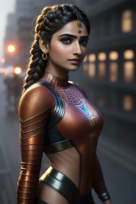 photorealistic, best quality, concept art, hyper detailed, photo of a beautiful indian woman in spiderman suit, braids, no helme...