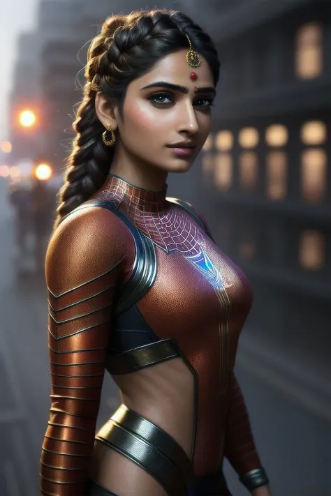 photorealistic, best quality, concept art, hyper detailed, photo of a beautiful indian woman in spiderman suit, braids, no helmet, ((light bokeh)), intricate, (steel metal [rust]), elegant, sharp focus, photo by greg rutkowski, soft lighting, vibrant colors, (masterpiece), ((streets)), (detailed face)+, eye iris, trending on artstation, sharp focus, unreal engine, 8k, uhd, studio photo, street , traffic, hanging wires, full frame