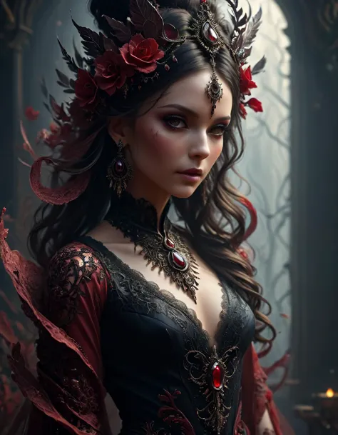 Capture the ethereal presence of a powerful goddess of blood standing before an altar of sacrifice. Emphasize her deep open wounds bleeding profusely, ornamental headgear made of bones and flesh, iron jewellery, and beautiful bright violet eyes without iris and pupils. Surround her with a red pool of blood, revealing gown, and a backdrop of dusk and smoke