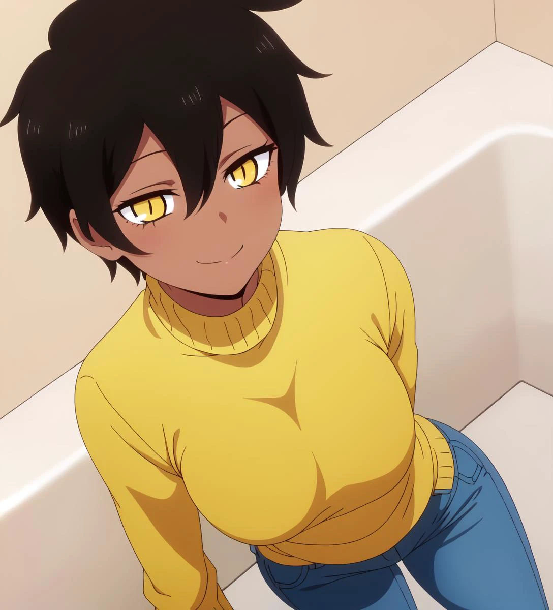 nice hands, perfect hands, kurobe natsumi, dark-skinned female, slit pupils, yellow eyes, black hair, short hair, hair between eyes, yellow turtleneck sweater, jeans, smile
 