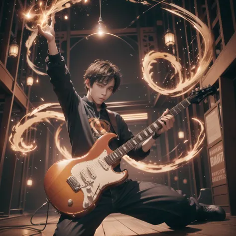 1boy, solo,  man playing guitar, arm up, (electric guitar),  simple background, looking at viewer, 
<lora:magic_fighting_512_15:0.6>, (orang-aura, using orang-magic, orang-magic:1.2),