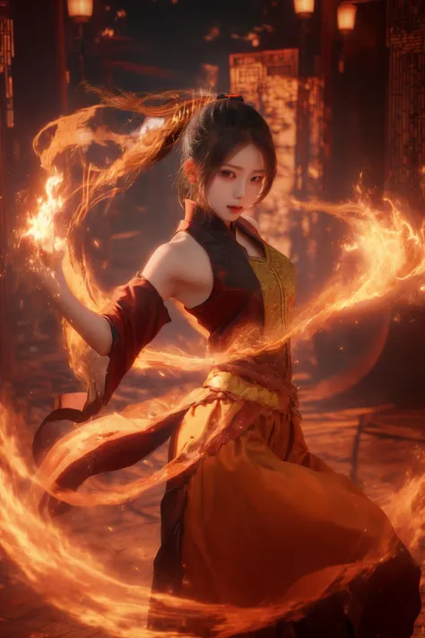 orang-aura,using orang-magic,orang-magic,ancient-costume,dancing,solo,1girl,fire,long hair,ponytail,<lora:magic_fighting_512_15:0.8>,