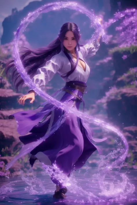 purple-water-aura,using purple-water-magic,purple-water-magic,ancient-costume,dancing,fighting stance,1girl,solo,long hair,brown hair,<lora:magic_fighting_purple_512_15:0.8>,