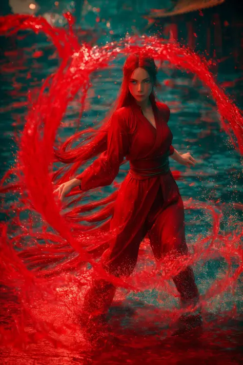 a woman in a red dress is standing in the water