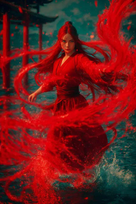 dancing,fighting stance,red-water-aura,using red-water-magic,red-water-magic,1girl,solo,long hair,blue eyes,common face,full body,<lora:magic_fighting_red_512_15:0.8>,