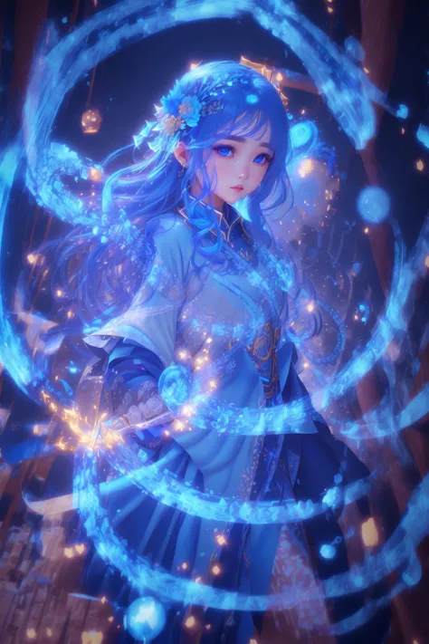 blue-aura,using blue-magic,blue-magic,ancient-costume,1girl,solo,<lora:magic_fighting_blue_with_reg_4_512_15:0.8>,