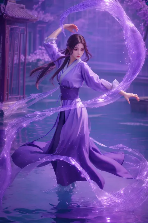 a woman in a purple dress is dancing in the water