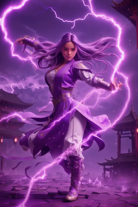 purple-lightning-aura,using purple-lightning-magic,purple-lightning-magic,ancient-costume,dancing,fighting stance,1girl,solo,long hair,brown hair,<lora:magic_fighting_purple_512_15:0.8>,