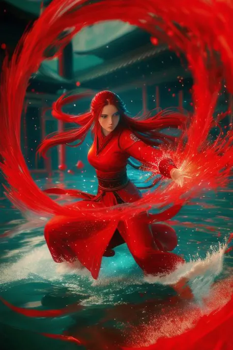 dancing,fighting stance,red-water-aura,using red-water-magic,red-water-magic,1girl,solo,long hair,blue eyes,common face,full bod...