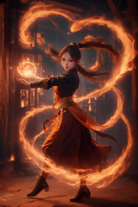 orang-aura,using orang-magic,orang-magic,ancient-costume,dancing,solo,1girl,fire,long hair,ponytail,<lora:magic_fighting_512_15:0.8>,