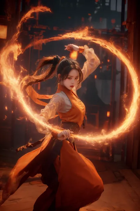 a woman in a long dress holding a fire ring