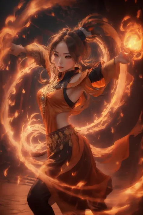 orang-aura,using orang-magic,orang-magic,ancient-costume,dancing,solo,1girl,fire,long hair,ponytail,<lora:magic_fighting_512_15:0.8>,