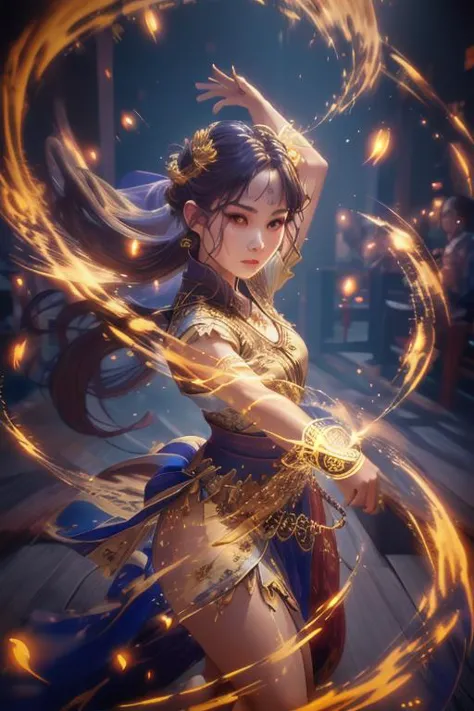 golden-aura,using golden-magic,golden-magic,ancient-costume,dancing,fighting stance,1girl,solo,<lora:magic_fighting_golden_512_15:0.8>,