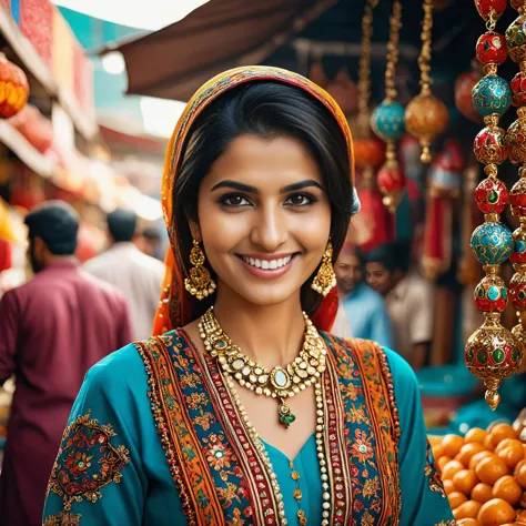 foto cinematográfica  Produza uma fotografia hiper-realista de uma mulher paquistanesa de 30 anos sorrindo em um mercado de rua brilhante e colorido. The photograph is Altamente detalhado, com os padrões e texturas intrincados do mercado criando uma sensação de vivacidade e energia.
 jóias . Fotografia 35mm, film, Bokeh, profissional, 4K, Altamente detalhado