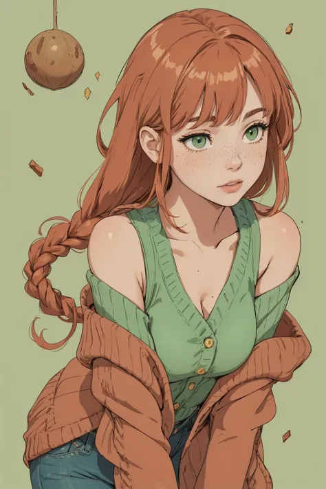 beautiful, (linework:1.1), <lora:detail_slider_v4:1.0>,
1 girl, adult  woman, freckles, grey eyes, chestnut fishtail braid, ombre, bangs, , 
solo, <lora:GoodHands-beta2:0.8>,
(simple background, light green color palette:1.2),  
upper body,
leaning forward, standing,
  proud, 
dark red clothes,  cardigan, offshoulder, laces,  fuzzy material,,
ring, 
(casual , summer theme:1.1),
floating particles, fragments, high contrast, , faded colors,