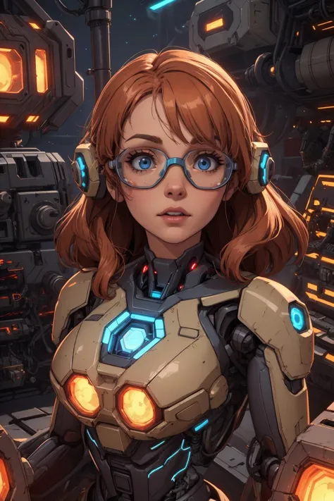 a woman in glasses and a suit with a futuristic face