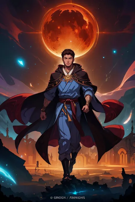 a man in a cape and caped standing in front of a full moon